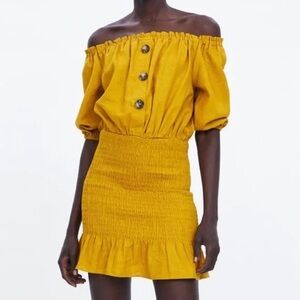 Zara Off the Shoulder Rustic Mustard Dress Size Small